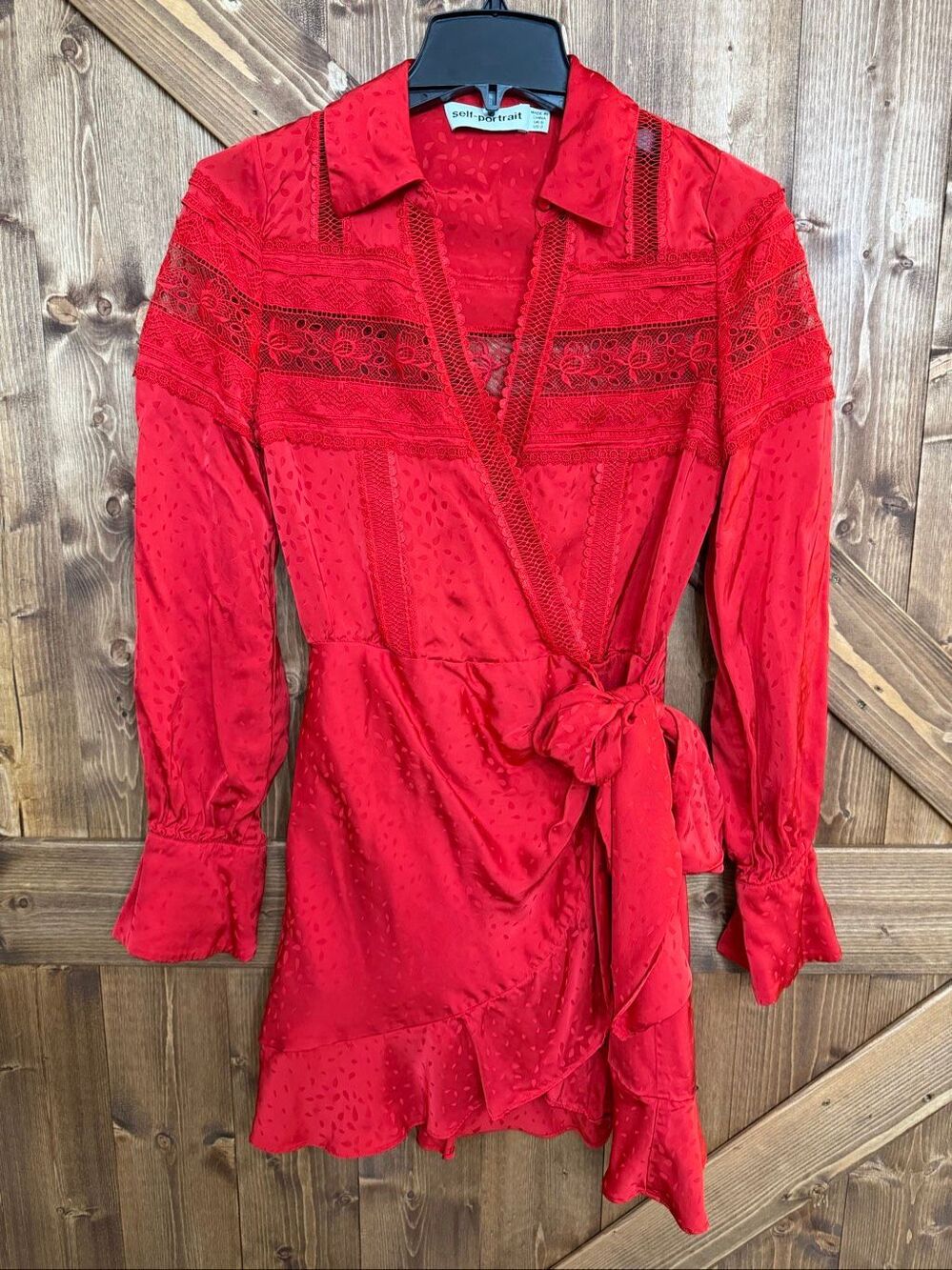 Self-Portrait US 2 Red Lace Jacquard Wrap Mini Dress Long Sleeve(9357)